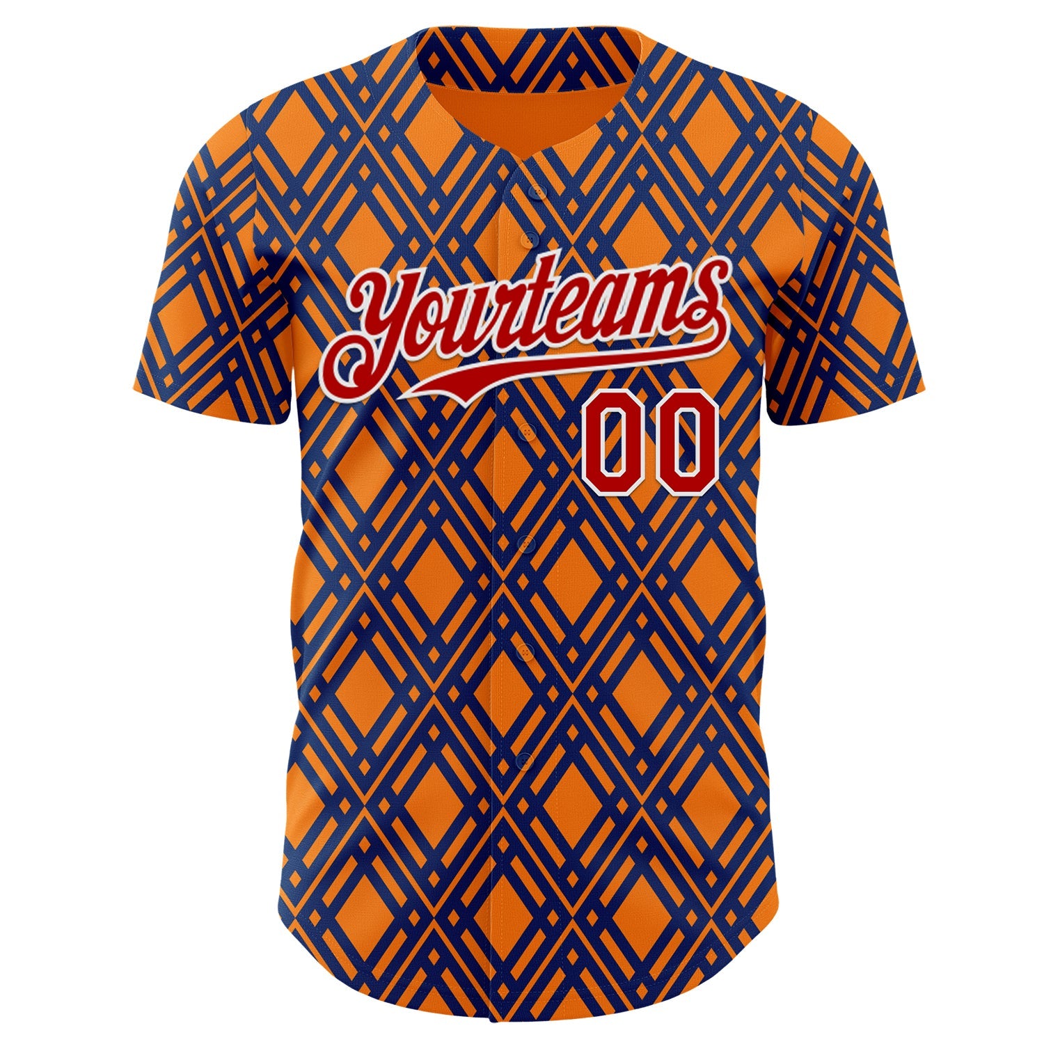 Custom Orange Red Blue-White Geometric Diamond Grid Rhombus Authentic Baseball Jersey view 2