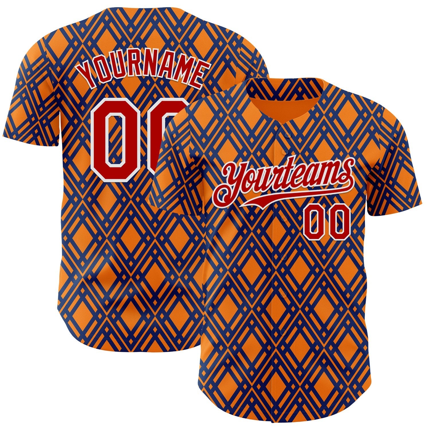 Custom Orange Red Blue-White Geometric Diamond Grid Rhombus Authentic Baseball Jersey - Main View