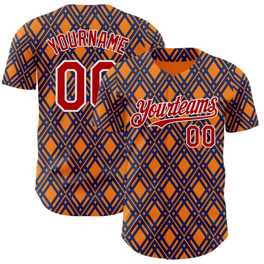 Custom Orange Red Blue-White Geometric Diamond Grid Rhombus Authentic Baseball Jersey - Main View