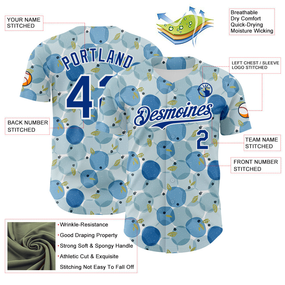 Custom Blue Royal-White Foodie Blueberry Authentic Baseball Jersey view 3
