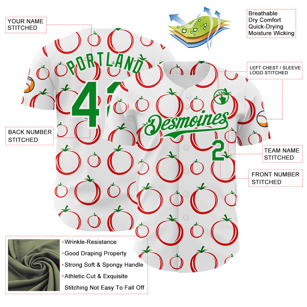 Custom White-Grass Green Foodie Tomato Authentic Baseball Jersey view 3