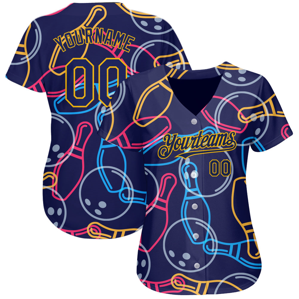 Custom Navy Gold 3D Pattern Design Bowling Authentic Baseball Jersey view 2