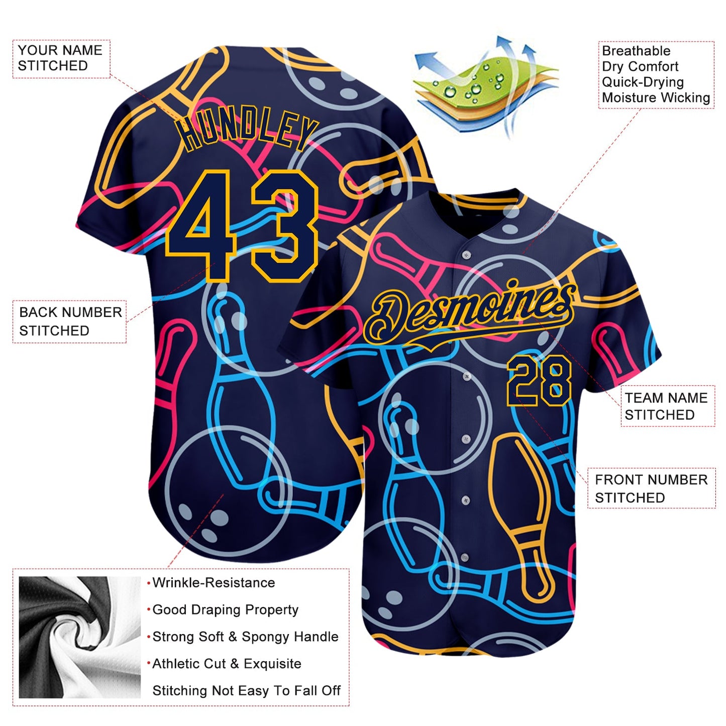 Custom Navy Gold 3D Pattern Design Bowling Authentic Baseball Jersey view 3