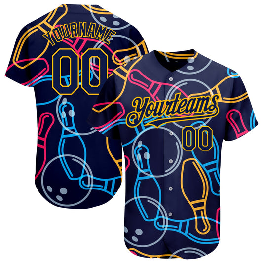 Custom Navy Gold 3D Pattern Design Bowling Authentic Baseball Jersey - Main View