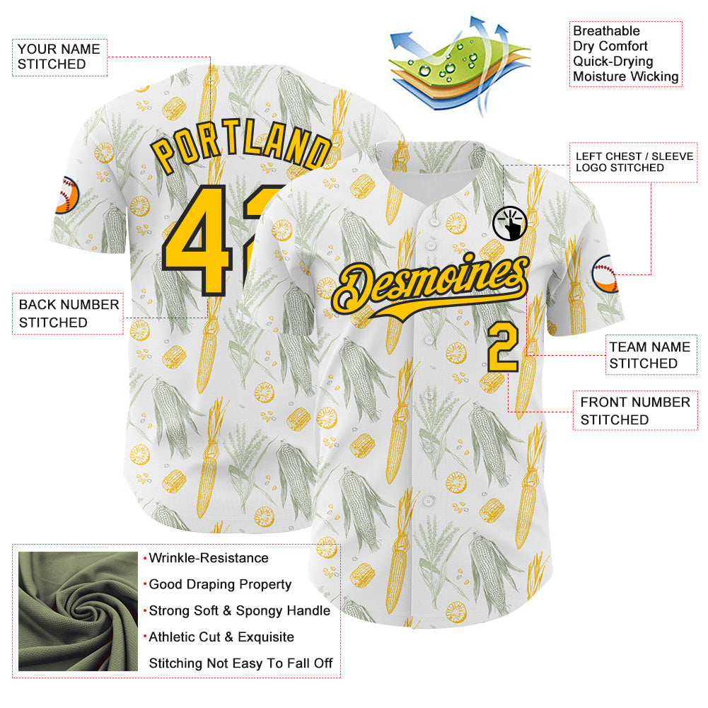 Custom White Yellow-Black Foodie Corn Authentic Baseball Jersey view 3