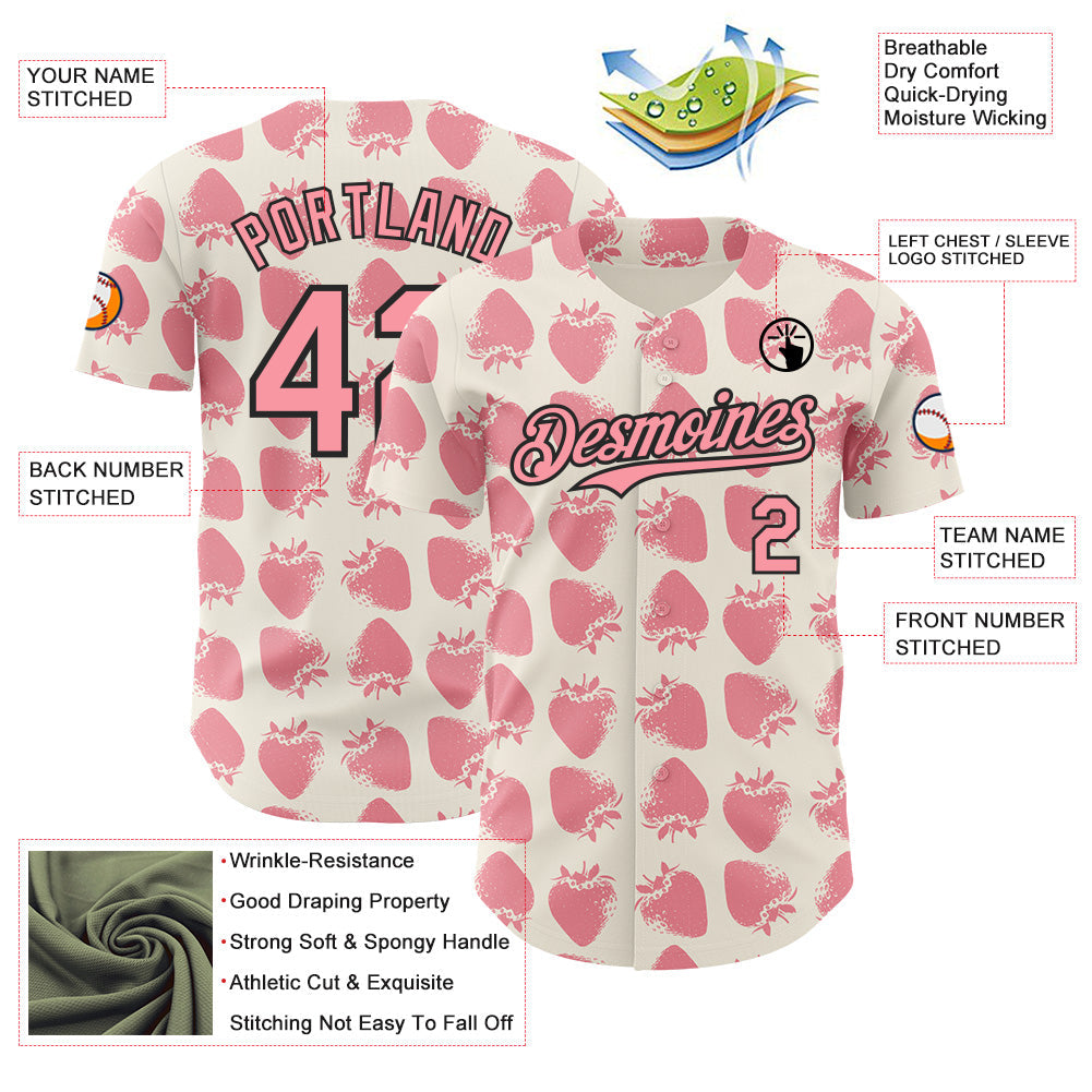 Custom Cream Medium Pink-Black Foodie Strawberry Authentic Baseball Jersey view 3