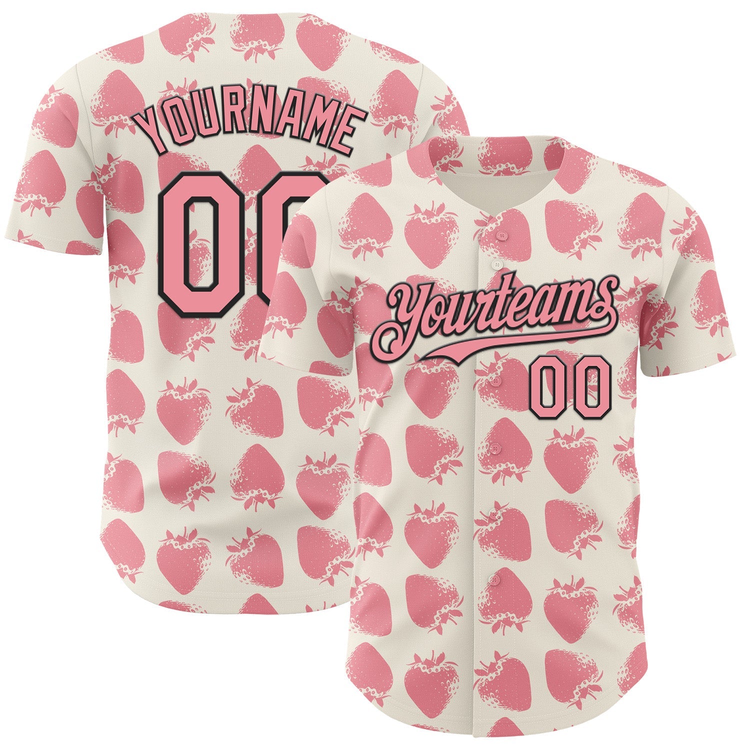 Custom Cream Medium Pink-Black Foodie Strawberry Authentic Baseball Jersey - Main View
