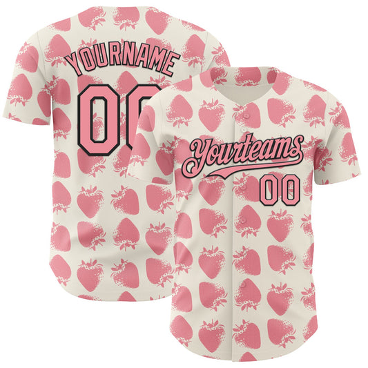 Custom Cream Medium Pink-Black Foodie Strawberry Authentic Baseball Jersey - Main View