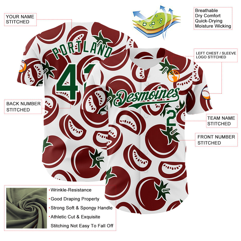 Custom White-Green Foodie Tomato Authentic Baseball Jersey view 3