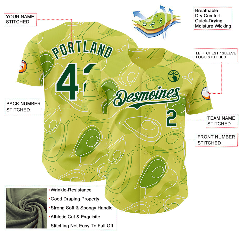 Custom Green-White Foodie Avocado Authentic Baseball Jersey view 3