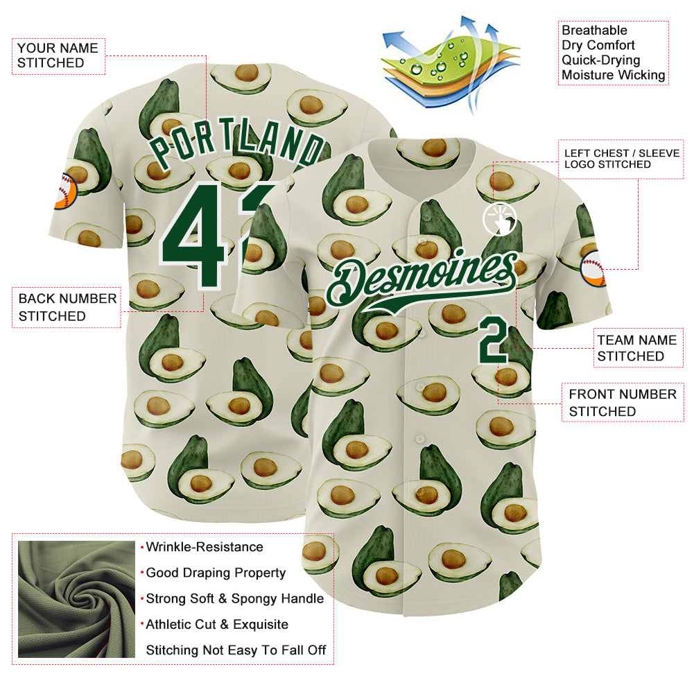 Custom Cream Green-White Foodie Avocado Authentic Baseball Jersey view 3