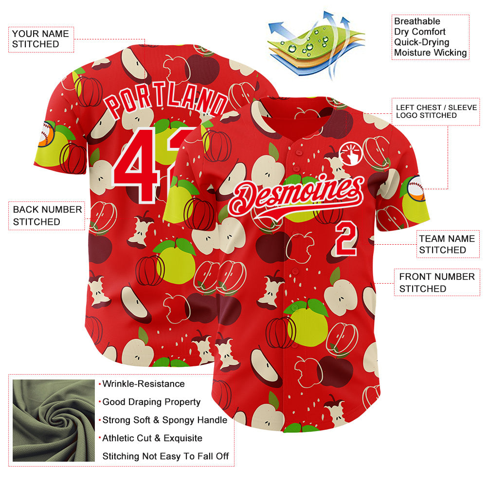 Custom Fire Red-White Foodie Apples & Pears Authentic Baseball Jersey view 3