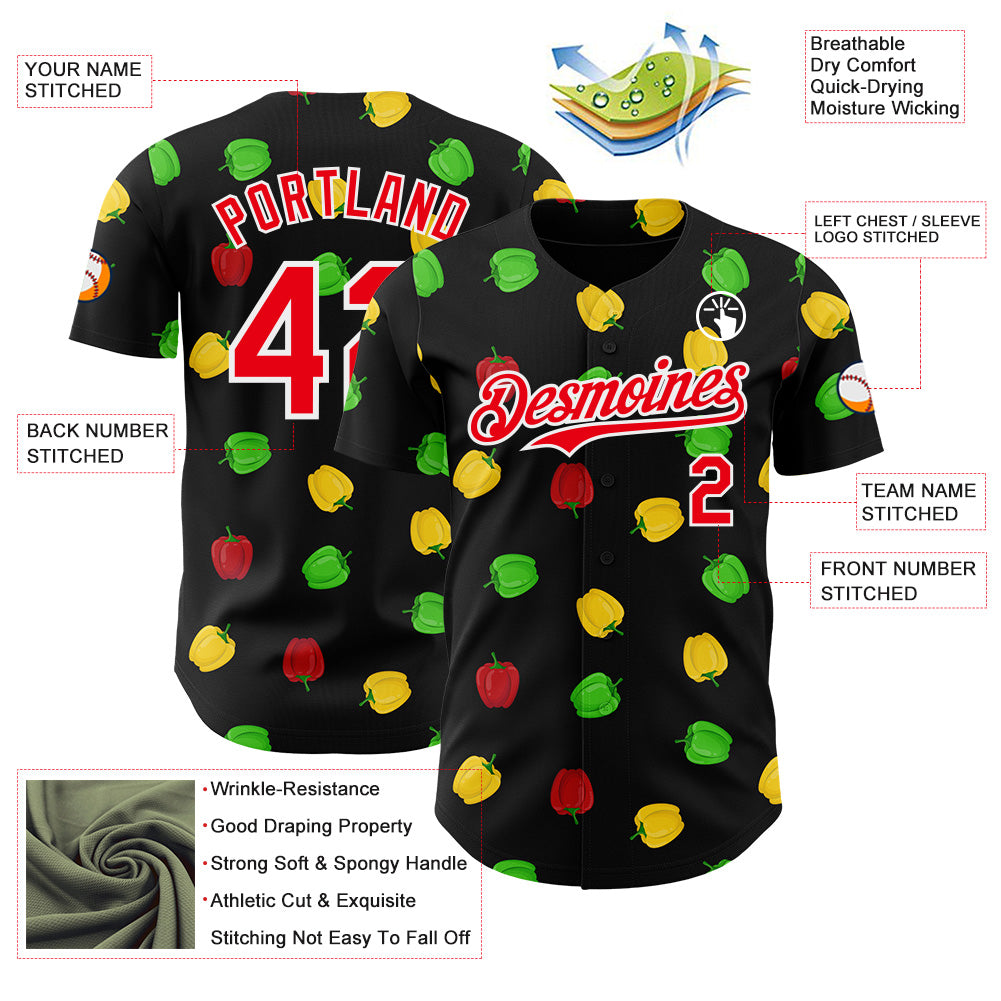 Custom Black Fire Red-White Foodie Bell Pepper Authentic Baseball Jersey view 3