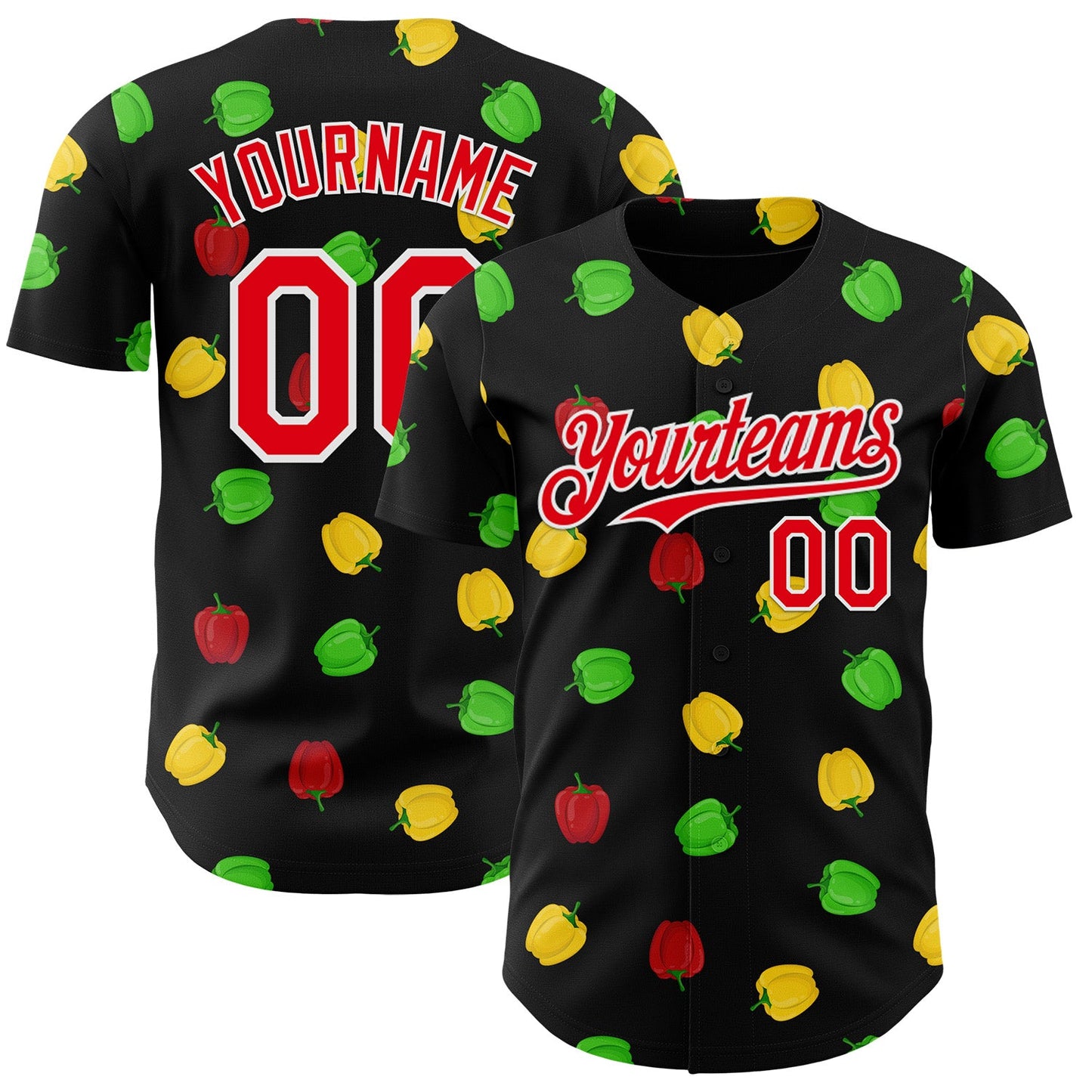 Custom Black Fire Red-White Foodie Bell Pepper Authentic Baseball Jersey - Main View