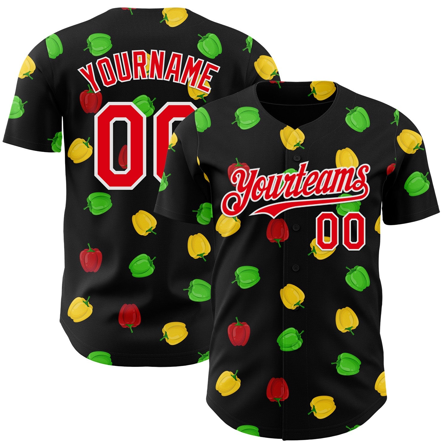 Custom Black Fire Red-White Foodie Bell Pepper Authentic Baseball Jersey - Main View