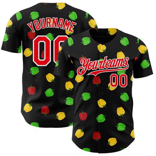 Custom Black Fire Red-White Foodie Bell Pepper Authentic Baseball Jersey - Main View