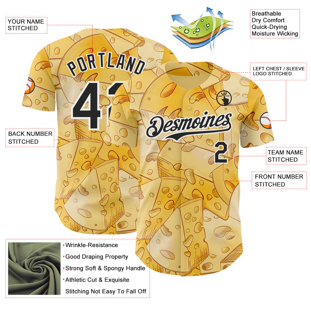 Custom Yellow Black-White Foodie Cheese Authentic Baseball Jersey view 3