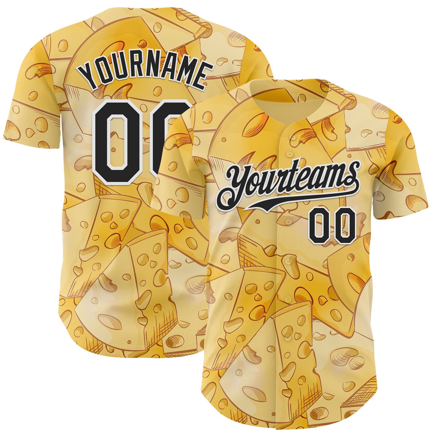 Custom Yellow Black-White Foodie Cheese Authentic Baseball Jersey - Main View