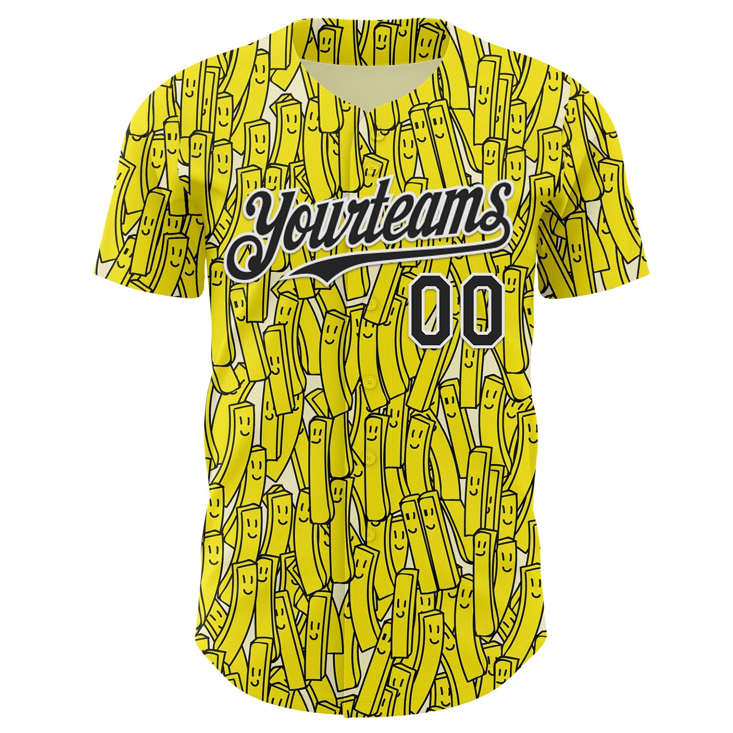 Custom Yellow Black-White Foodie Fries Authentic Baseball Jersey view 2