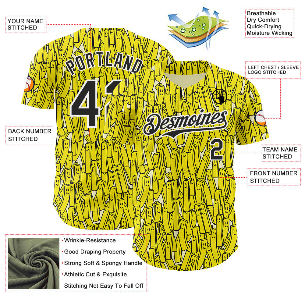 Custom Yellow Black-White Foodie Fries Authentic Baseball Jersey view 3