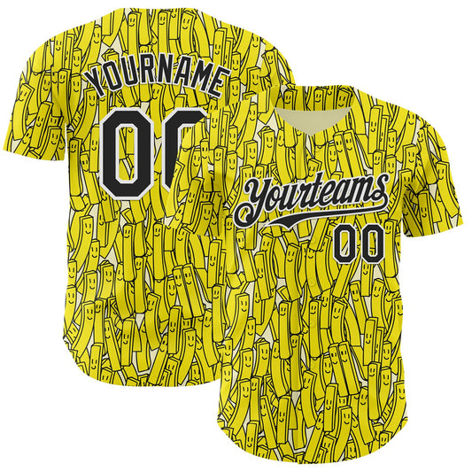 Custom Yellow Black-White Foodie Fries Authentic Baseball Jersey - Main View