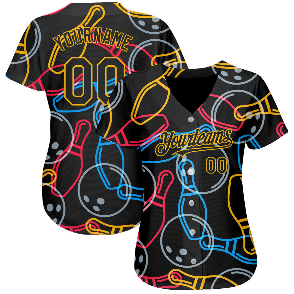 Custom Black Gold 3D Pattern Design Bowling Authentic Baseball Jersey view 2