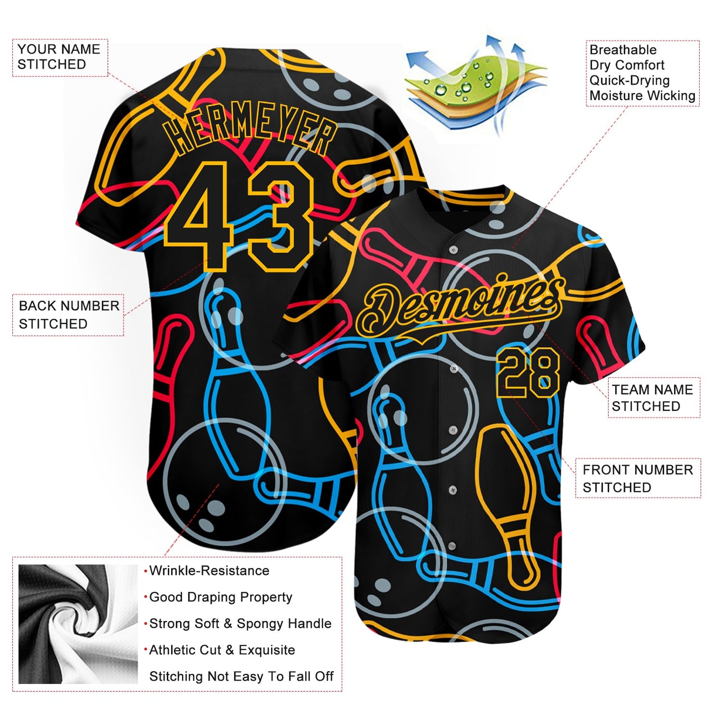 Custom Black Gold 3D Pattern Design Bowling Authentic Baseball Jersey view 3