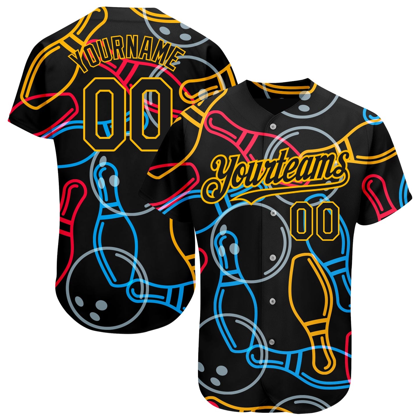 Custom Black Gold 3D Pattern Design Bowling Authentic Baseball Jersey - Main View