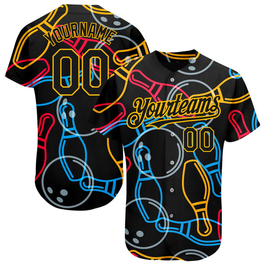Custom Black Gold 3D Pattern Design Bowling Authentic Baseball Jersey - Main View