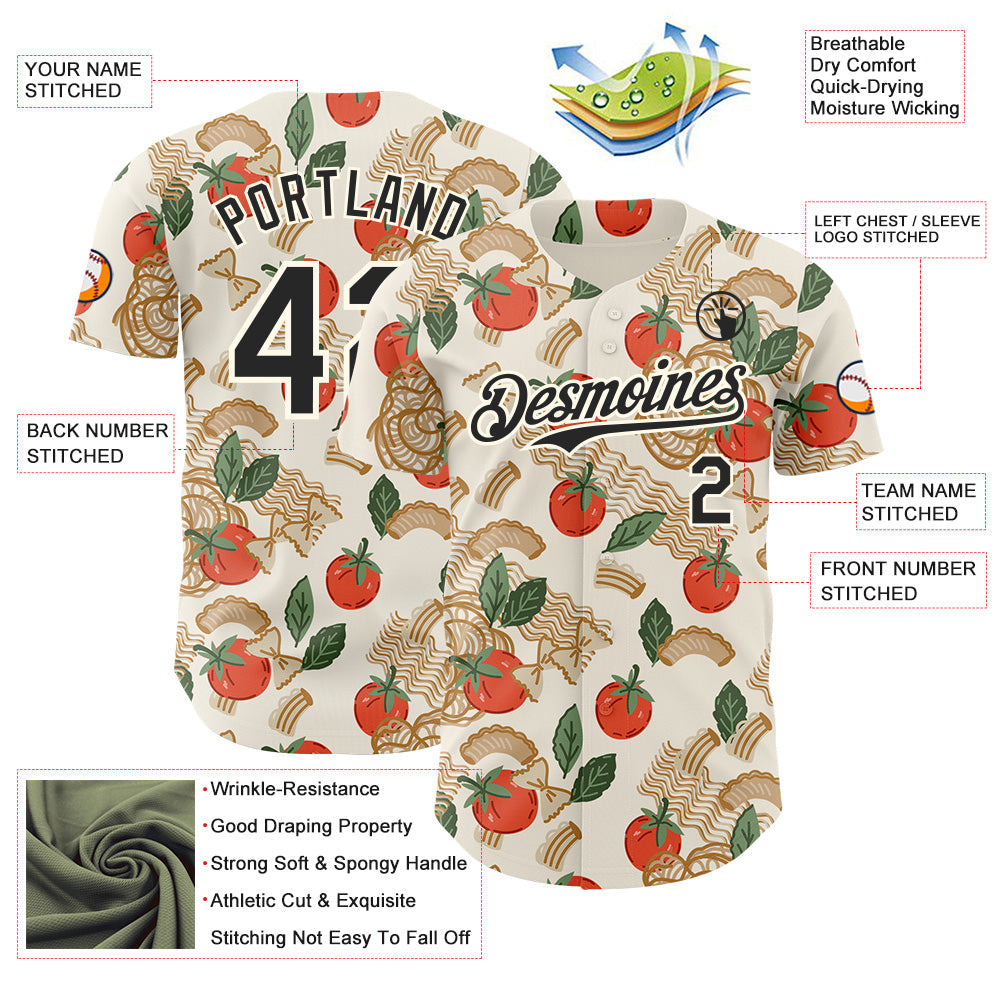Custom Cream-Black Foodie Tomato Pasta Authentic Baseball Jersey view 3
