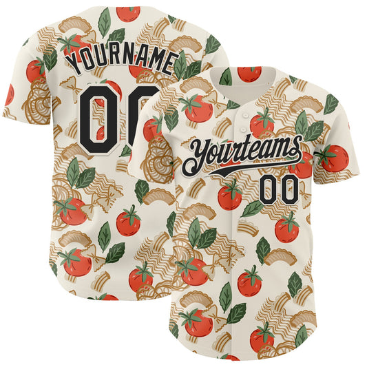 Custom Cream-Black Foodie Tomato Pasta Authentic Baseball Jersey - Main View