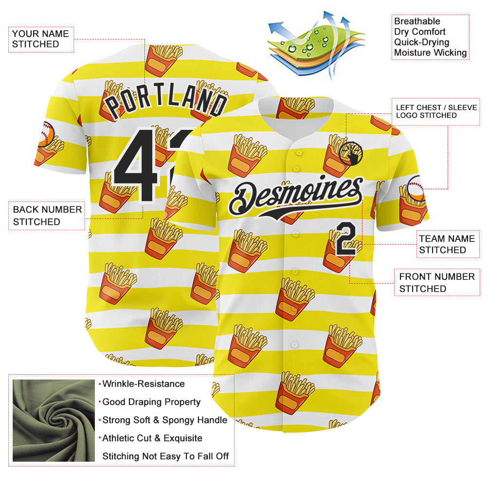 Custom Yellow Black-White Foodie Fries Authentic Baseball Jersey view 3
