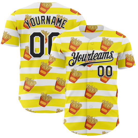 Custom Yellow Black-White Foodie Fries Authentic Baseball Jersey - Main View