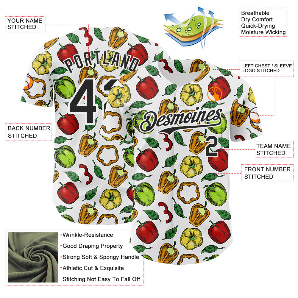 Custom White-Black Foodie Bell Pepper Authentic Baseball Jersey view 3
