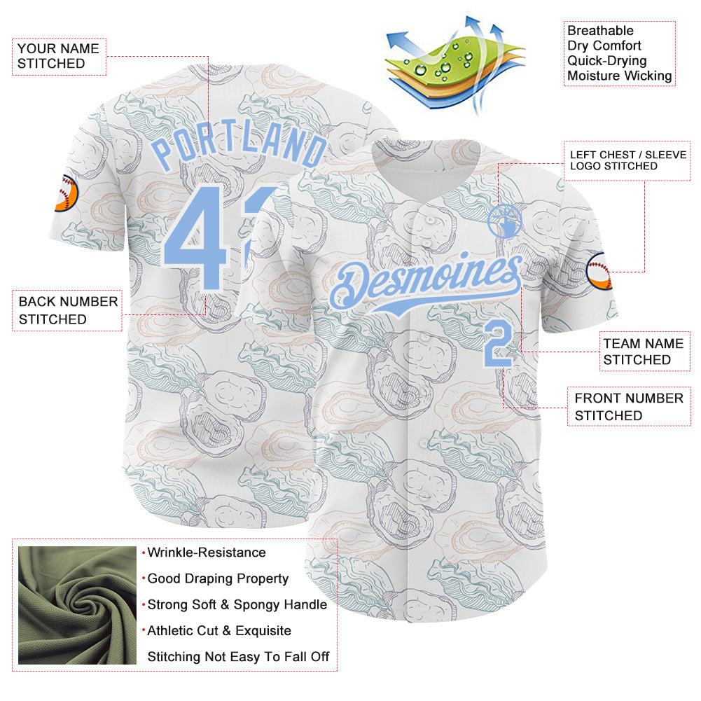 Custom White-Light Blue Foodie Oysters Authentic Baseball Jersey view 3