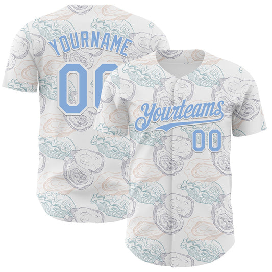 Custom White-Light Blue Foodie Oysters Authentic Baseball Jersey - Main View