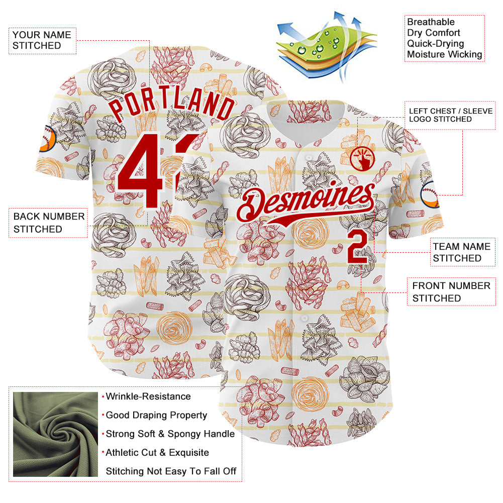 Custom White-Red Foodie Pasta Spaghetti & Macaroni Authentic Baseball Jersey view 3