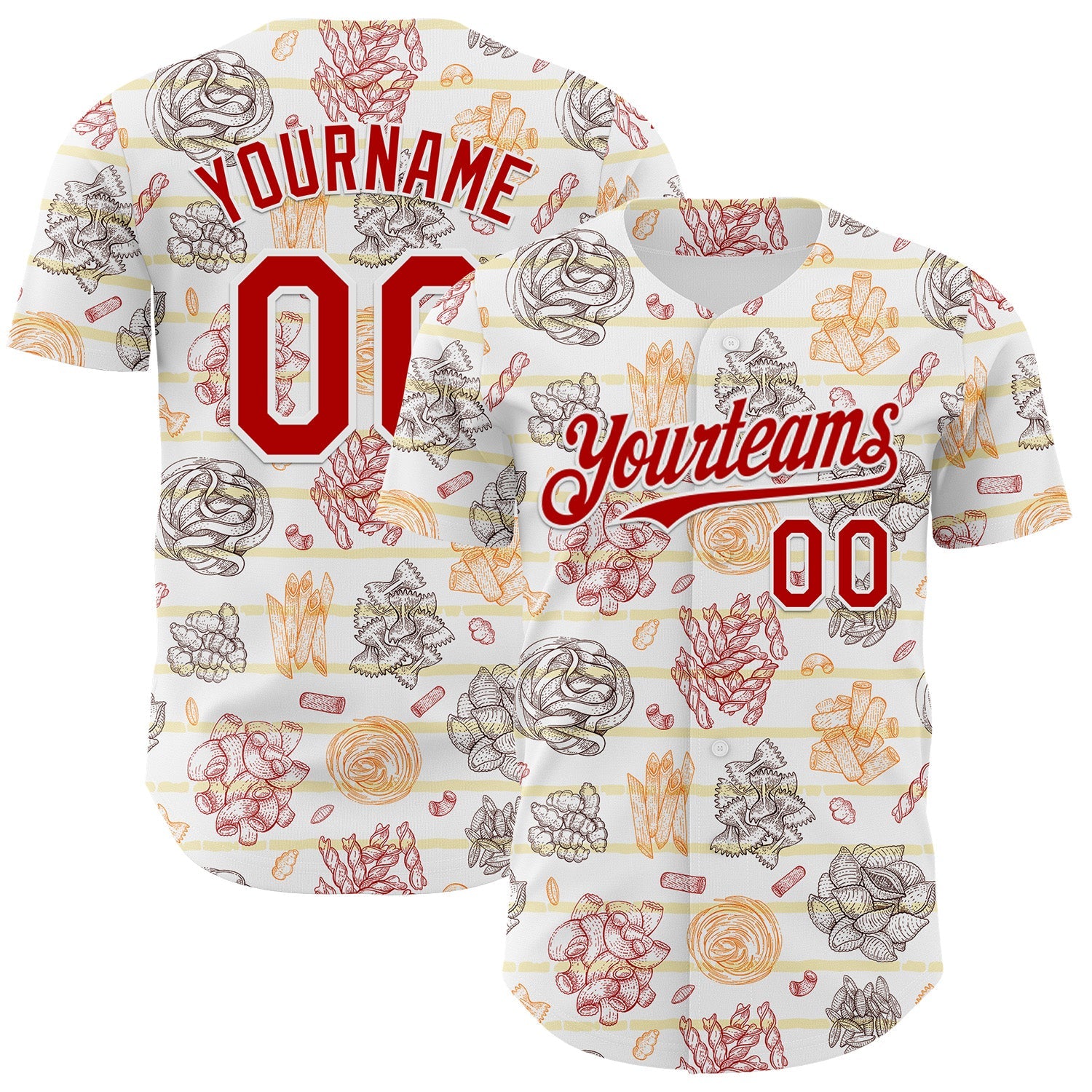 Custom White-Red Foodie Pasta Spaghetti & Macaroni Authentic Baseball Jersey - Main View
