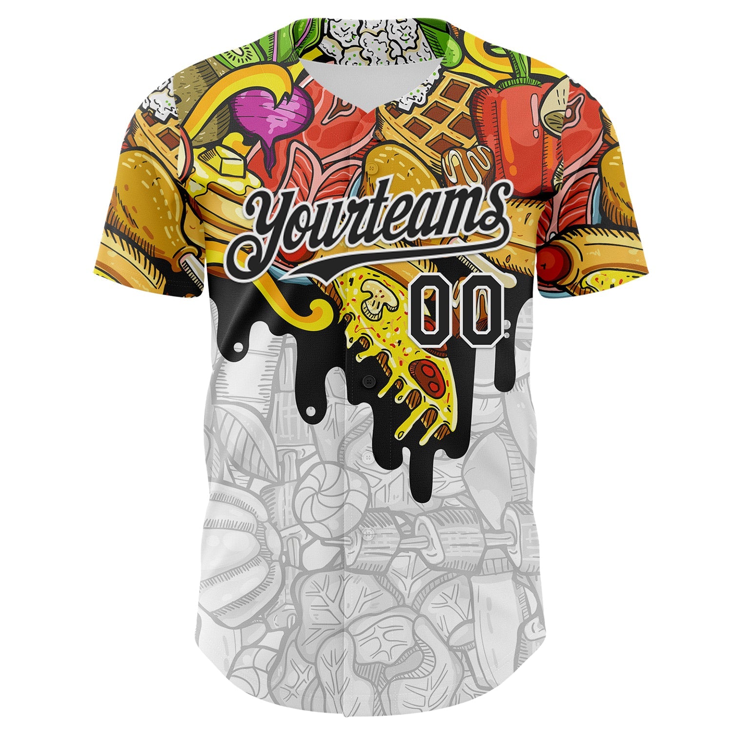 Custom White-Black Foodie American Cuisine Fast Food Burger Fries & Pizza Authentic Baseball Jersey view 2