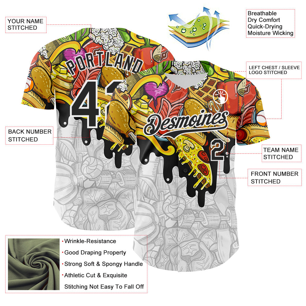 Custom White-Black Foodie American Cuisine Fast Food Burger Fries & Pizza Authentic Baseball Jersey view 3