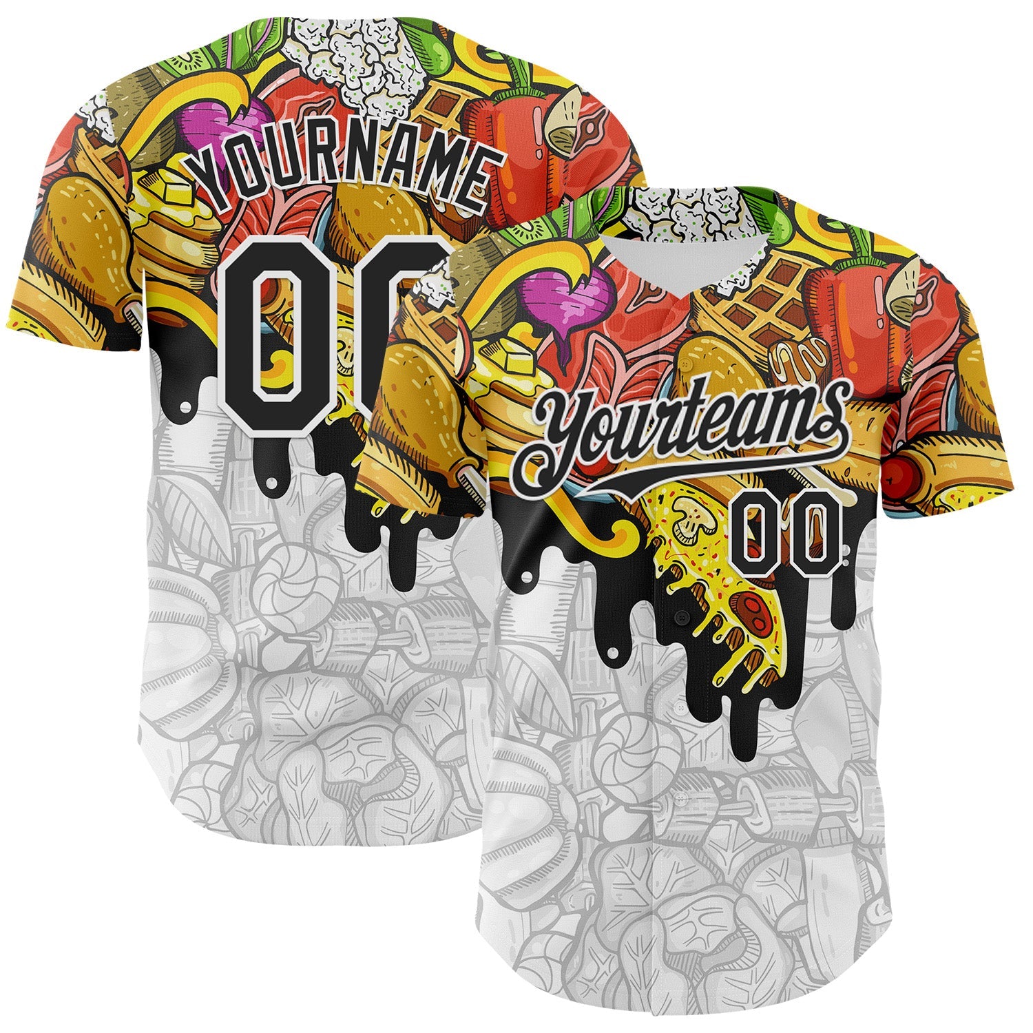 Custom White-Black Foodie American Cuisine Fast Food Burger Fries & Pizza Authentic Baseball Jersey - Main View