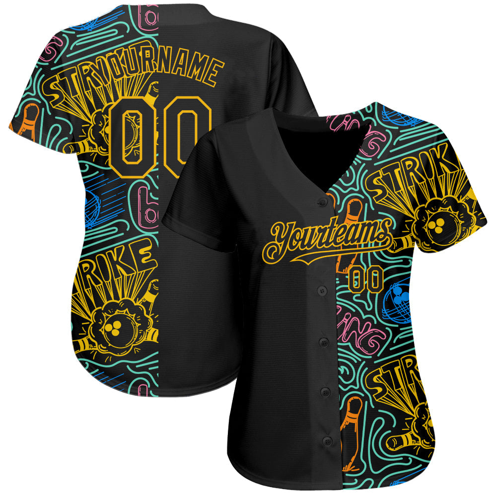 Custom Black Gold 3D Pattern Design Bowling Authentic Baseball Jersey view 2
