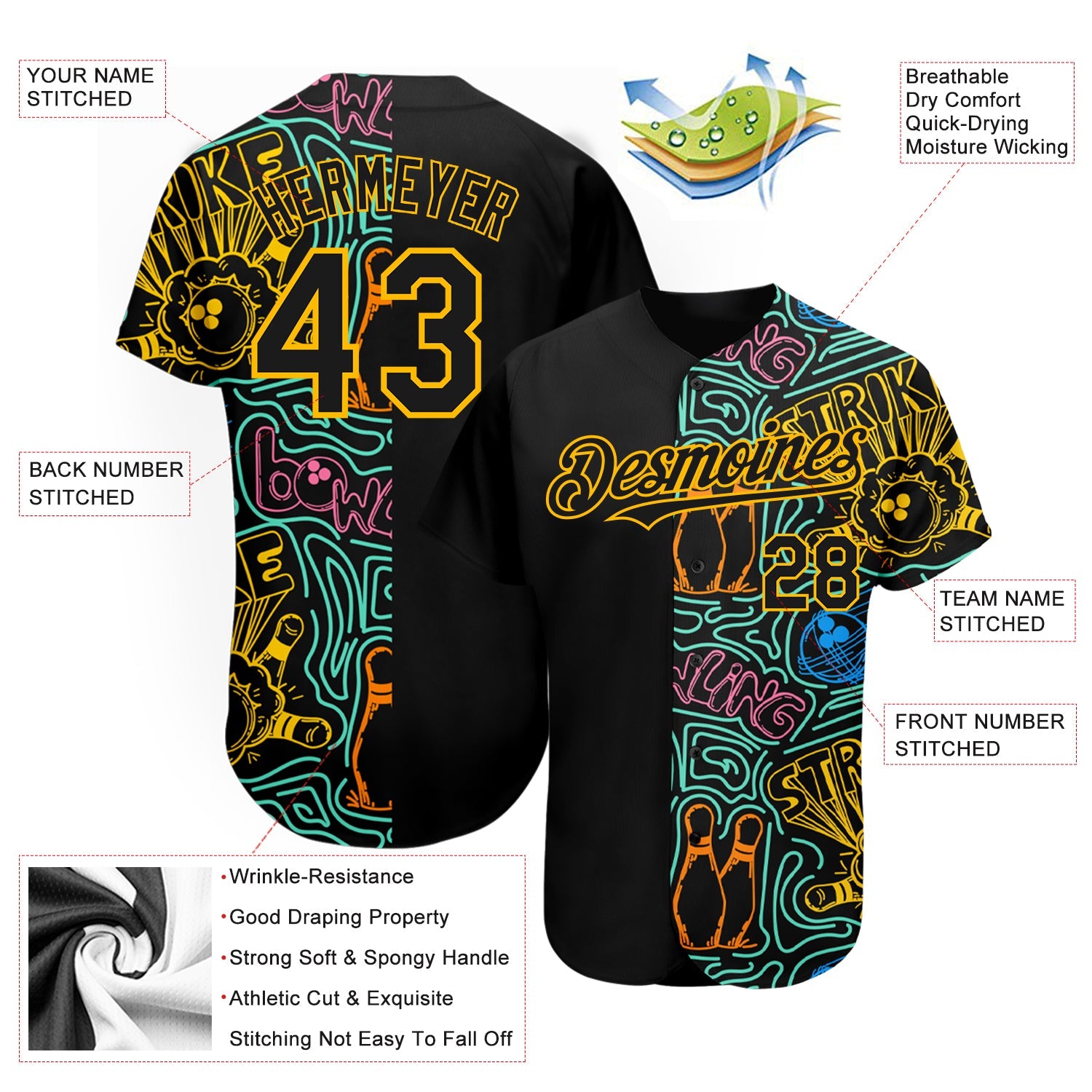 Custom Black Gold 3D Pattern Design Bowling Authentic Baseball Jersey view 3