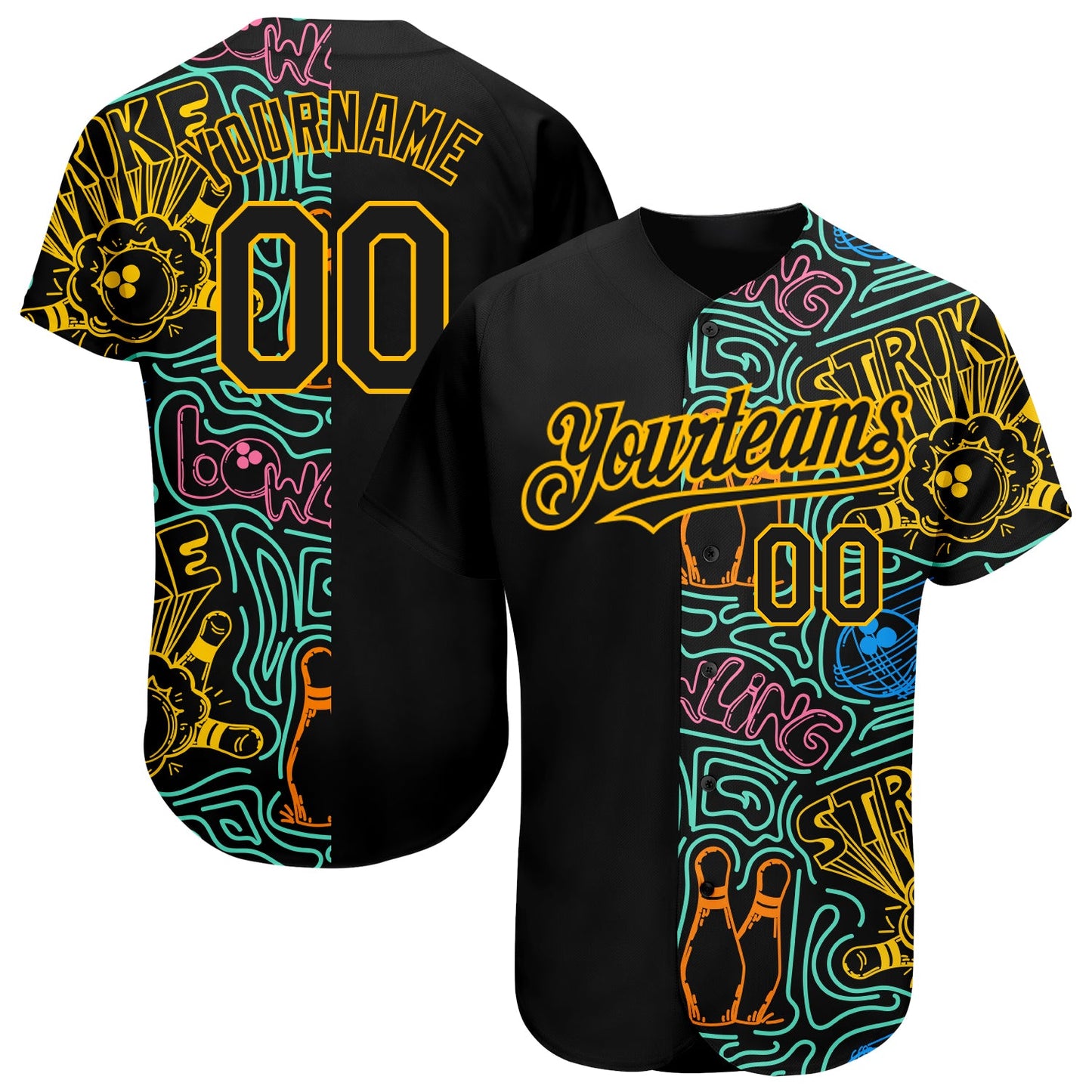 Custom Black Gold 3D Pattern Design Bowling Authentic Baseball Jersey - Main View