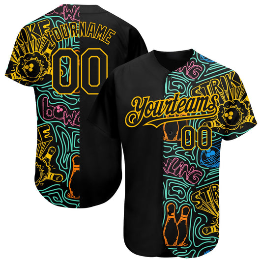 Custom Black Gold 3D Pattern Design Bowling Authentic Baseball Jersey - Main View