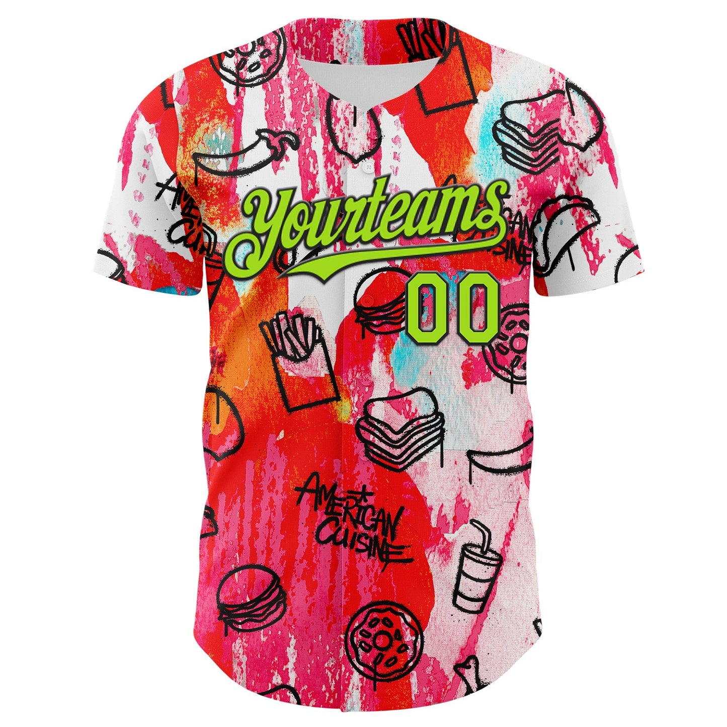 Custom Pink Neon Green-Black Foodie American Cuisine Fast Food Burger Fries & Pizza Authentic Baseball Jersey view 2