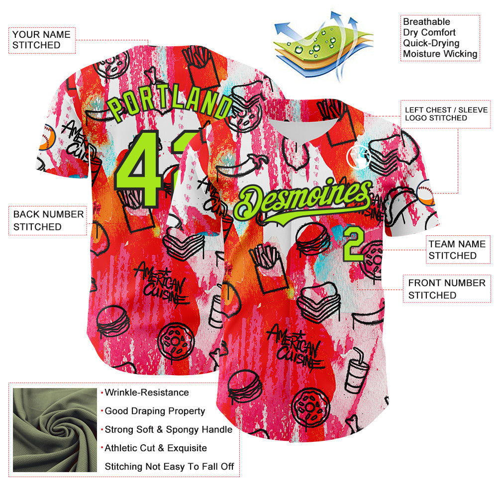 Custom Pink Neon Green-Black Foodie American Cuisine Fast Food Burger Fries & Pizza Authentic Baseball Jersey view 3