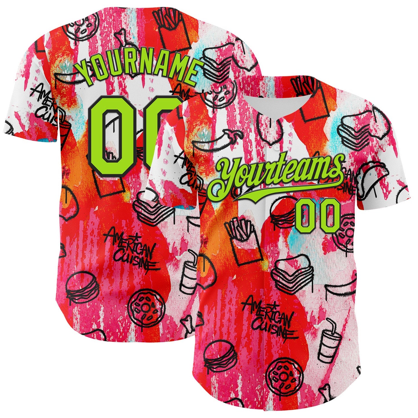 Custom Pink Neon Green-Black Foodie American Cuisine Fast Food Burger Fries & Pizza Authentic Baseball Jersey - Main View