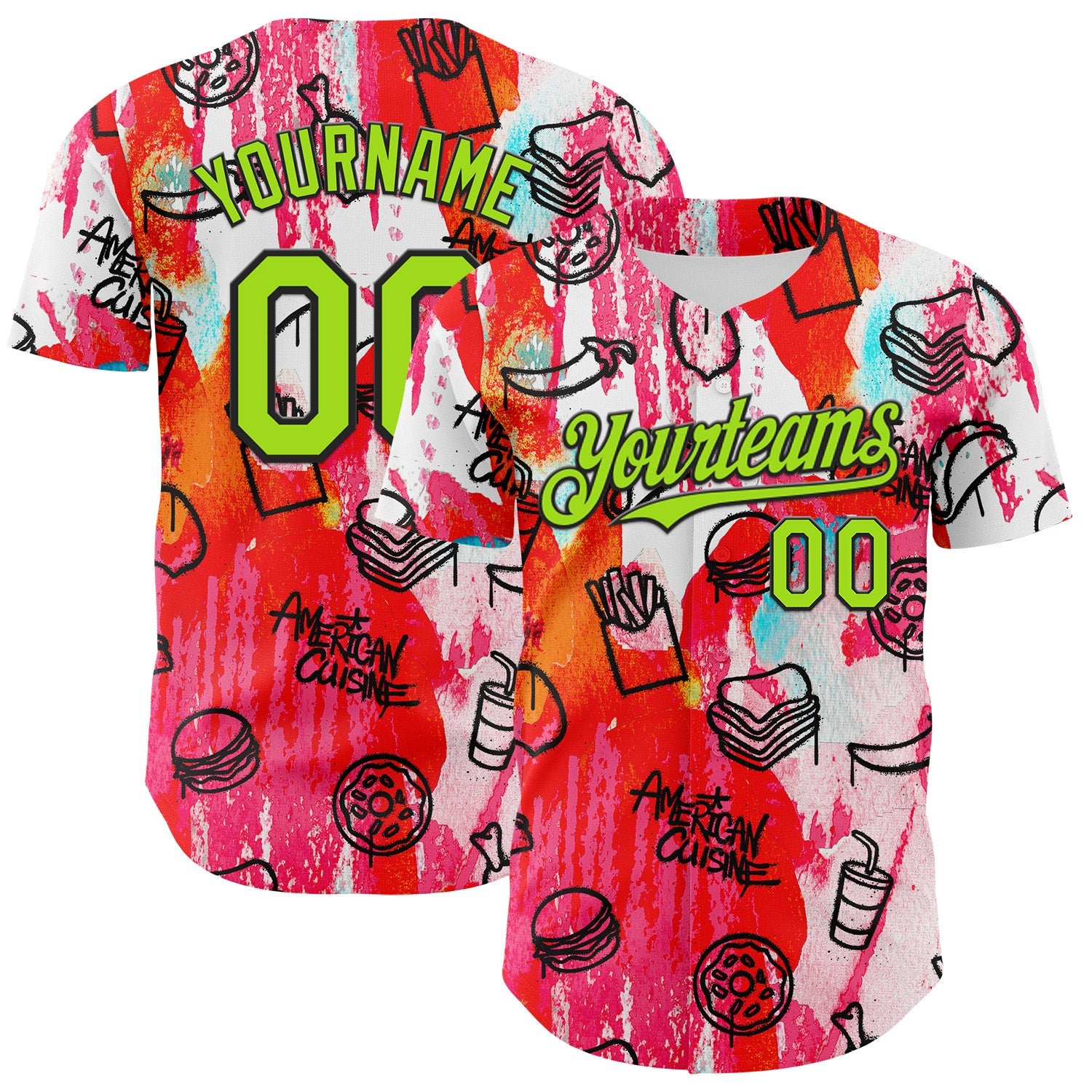 Custom Pink Neon Green-Black Foodie American Cuisine Fast Food Burger Fries & Pizza Authentic Baseball Jersey - Main View