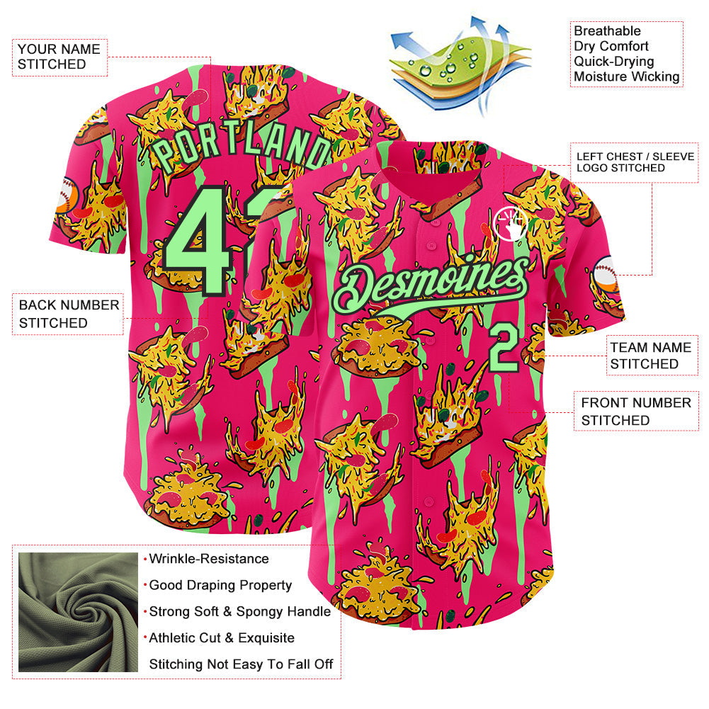 Custom Pink Pea Green-Black Foodie Pizza Authentic Baseball Jersey view 3